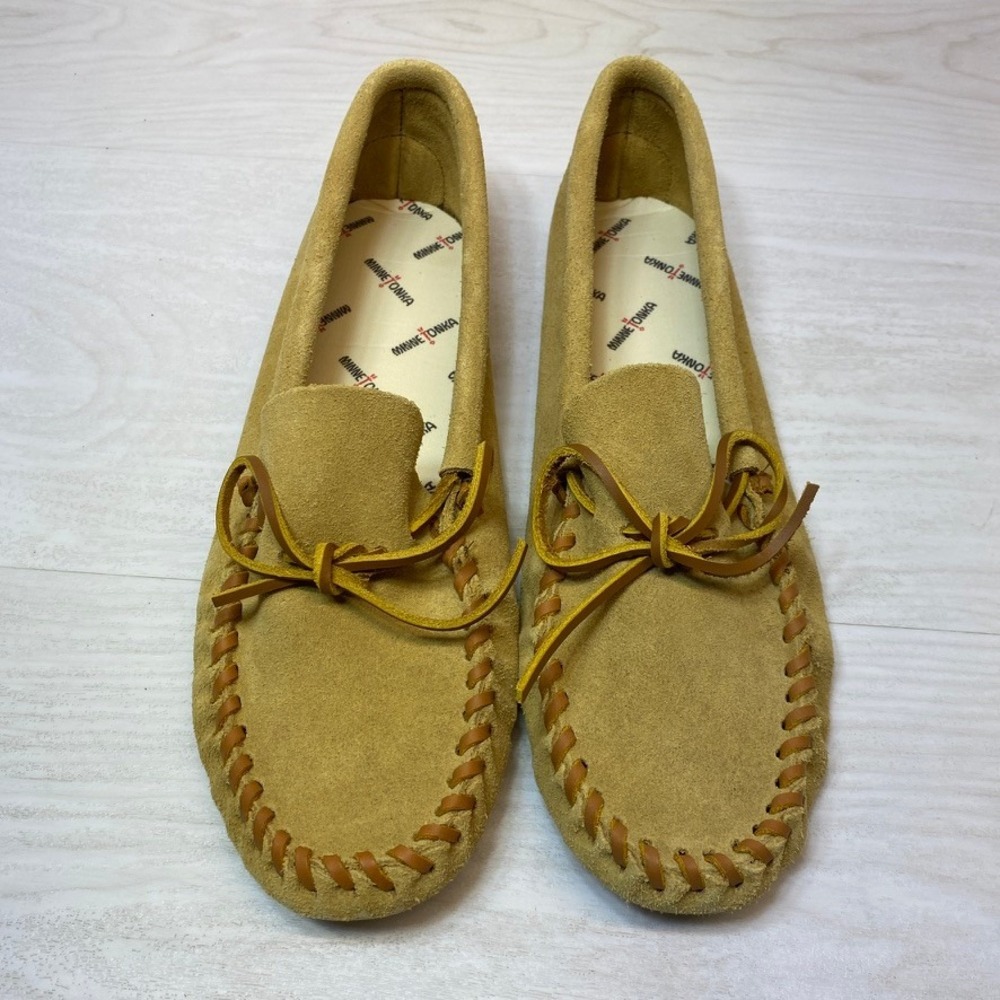 Minnetonka Mens 13 Moccasin Softsole Suede Tan Loafer Whipstitch 701 Flat Shoes